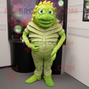 Lime Green Trilobite mascot costume character dressed with a Dress Pants and Ties