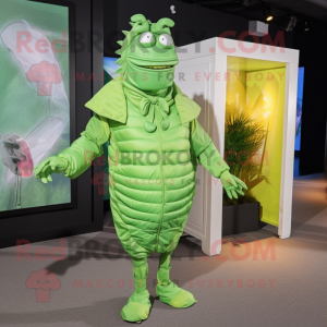 Lime Green Trilobite mascot costume character dressed with a Dress Pants and Ties