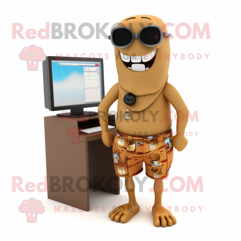 Brown Computer mascot costume character dressed with a Board Shorts and Tie pins Brown Computer mascot costume character dressed with a Board Shorts and Tie pins