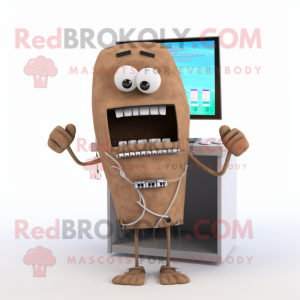 Brown Computer mascot costume character dressed with a Board Shorts and Tie pins