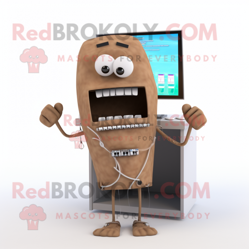 Brown Computer mascot costume character dressed with a Board Shorts and Tie pins Brown Computer mascot costume character dressed with a Board Shorts and Tie pins