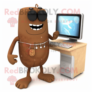 Brown Computer mascot costume character dressed with a Board Shorts and Tie pins