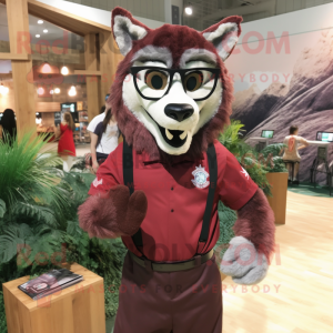 Maroon Wolf mascot costume character dressed with a Poplin Shirt and Eyeglasses