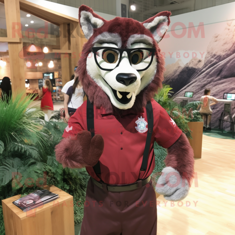 Maroon Wolf mascot costume character dressed with a Poplin Shirt and Eyeglasses