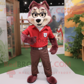 Maroon Wolf mascot costume character dressed with a Poplin Shirt and Eyeglasses