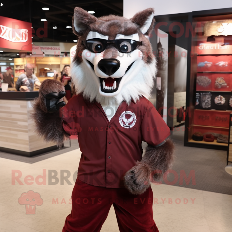 Maroon Wolf mascot costume character dressed with a Poplin Shirt and Eyeglasses