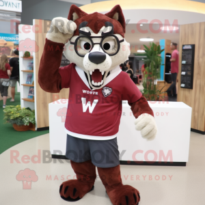 Maroon Wolf mascot costume character dressed with a Poplin Shirt and Eyeglasses