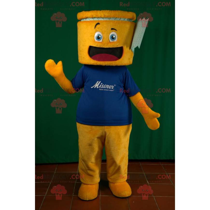 Mascotte de bonhomme jaune et t-shirt bleu très souriant -