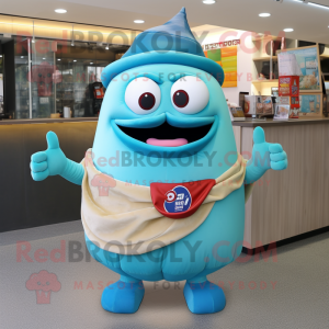 Cyan Burgers mascot costume character dressed with a Vest and Shawl pins