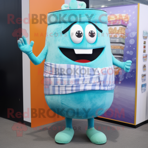 Cyan Burgers mascot costume character dressed with a Vest and Shawl pins