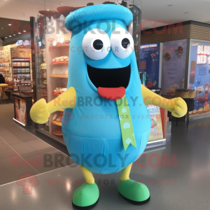 Cyan Burgers mascot costume character dressed with a Vest and Shawl pins
