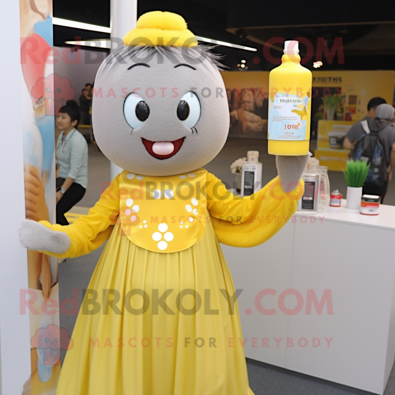 Gray Bottle Of Mustard mascot costume character dressed with a Blouse and Hairpins Gray Bottle Of Mustard mascot costume character dressed with a Blouse and Hairpins