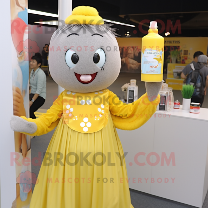 Gray Bottle Of Mustard mascot costume character dressed with a Blouse and Hairpins