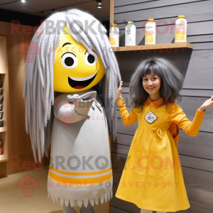 Gray Bottle Of Mustard mascot costume character dressed with a Blouse and Hairpins