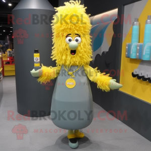 Gray Bottle Of Mustard mascot costume character dressed with a Blouse and Hairpins