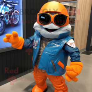 Blue Orange mascot costume character dressed with a Moto Jacket and Sunglasses