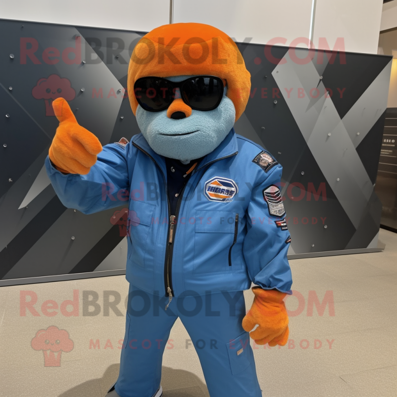 Blue Orange mascot costume character dressed with a Moto Jacket and Sunglasses