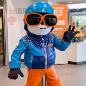 Blue Orange mascot costume character dressed with a Moto Jacket and Sunglasses