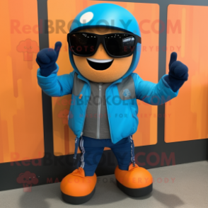 Blue Orange mascot costume character dressed with a Moto Jacket and Sunglasses