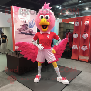 Pink Fried Chicken mascot costume character dressed with a Running Shorts and Shoe clips