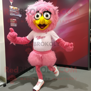 Pink Fried Chicken mascot costume character dressed with a Running Shorts and Shoe clips