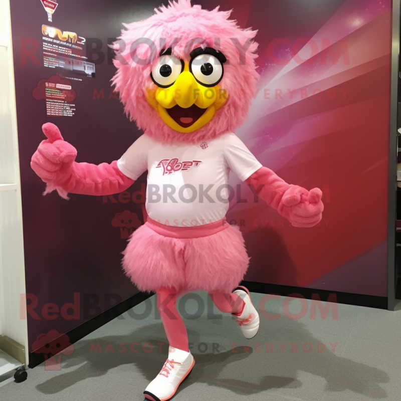 Pink Fried Chicken mascot costume character dressed with a Running Shorts and Shoe clips Pink Fried Chicken mascot costume character dressed with a Running Shorts and Shoe clips
