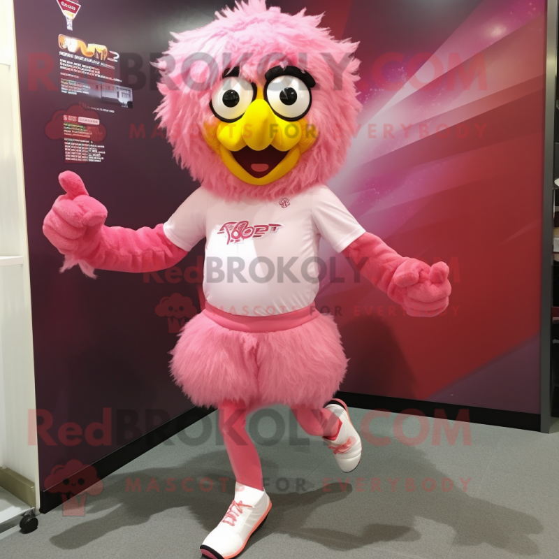 Pink Fried Chicken mascot costume character dressed with a Running Shorts and Shoe clips