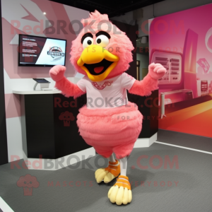 Pink Fried Chicken mascot costume character dressed with a Running Shorts and Shoe clips