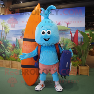 Sky Blue Carrot mascot costume character dressed with a Board Shorts and Backpacks