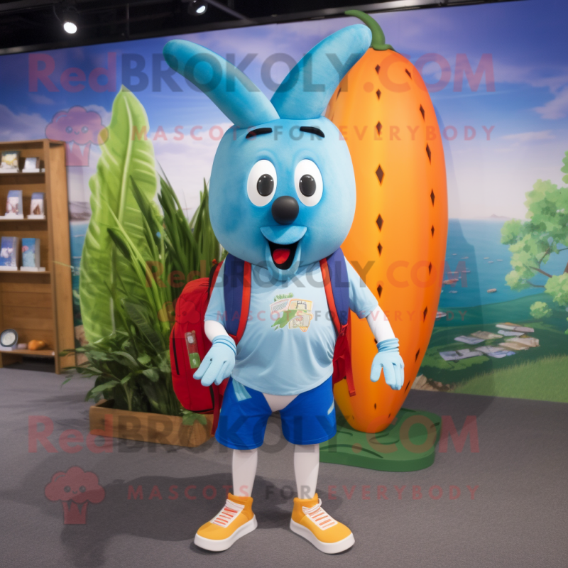 Sky Blue Carrot mascot costume character dressed with a Board Shorts and Backpacks