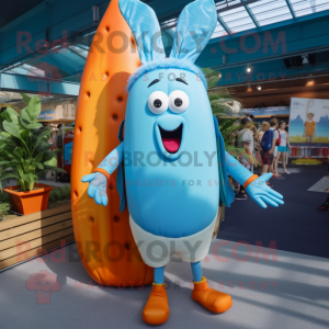 Sky Blue Carrot mascot costume character dressed with a Board Shorts and Backpacks