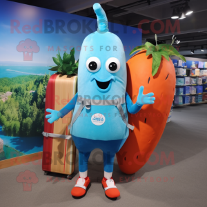 Sky Blue Carrot mascot costume character dressed with a Board Shorts and Backpacks