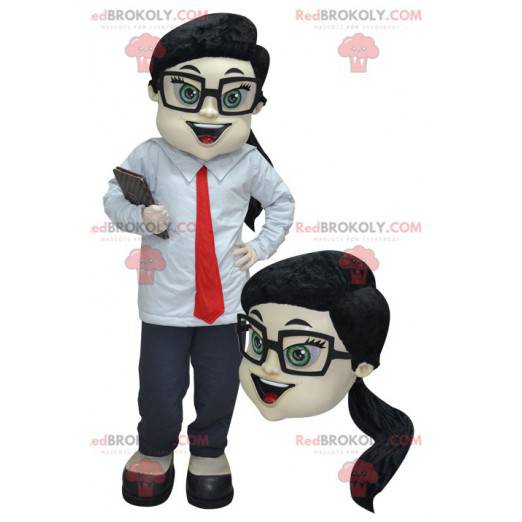 Kommersiell kvinnamaskot i en kostym och slips - Redbrokoly.com