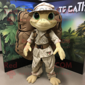 Tan Geckos mascot costume character dressed with a Cargo Pants and Backpacks