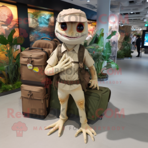 Tan Geckos mascot costume character dressed with a Cargo Pants and Backpacks