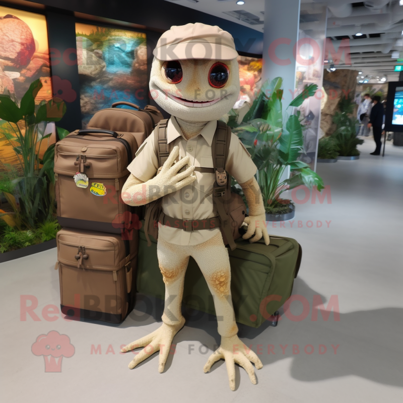 Tan Geckos mascot costume character dressed with a Cargo Pants and Backpacks Tan Geckos mascot costume character dressed with a Cargo Pants and Backpacks
