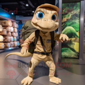 Tan Geckos mascot costume character dressed with a Cargo Pants and Backpacks