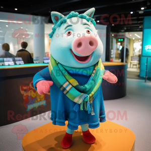 Turquoise Pig mascot costume character dressed with a Cardigan and Shawls