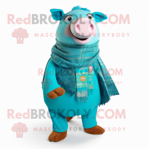 Turquoise Pig mascot costume character dressed with a Cardigan and Shawls