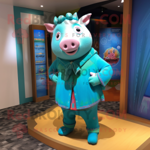 Turquoise Pig mascot costume character dressed with a Cardigan and Shawls