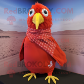 Red Quail mascot costume character dressed with a V-Neck Tee and Scarves