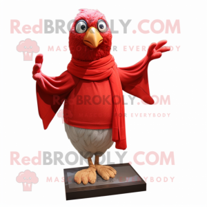 Red Quail mascot costume character dressed with a V-Neck Tee and Scarves