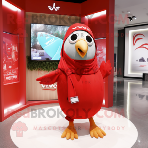 Red Quail mascot costume character dressed with a V-Neck Tee and Scarves