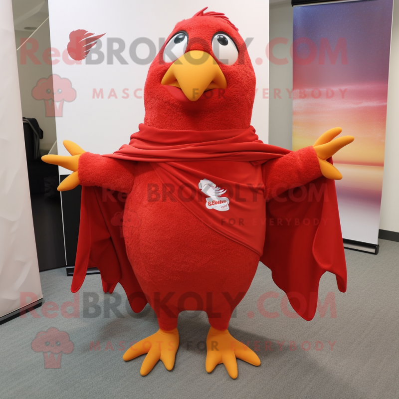 Red Quail mascot costume character dressed with a V-Neck Tee and Scarves