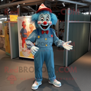 Turquoise Clown mascot costume character dressed with a Denim Shirt and Anklets