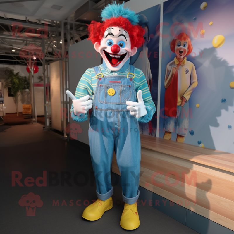 Turquoise Clown mascot costume character dressed with a Denim Shirt and Anklets