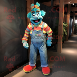 Turquoise Clown mascot costume character dressed with a Denim Shirt and Anklets