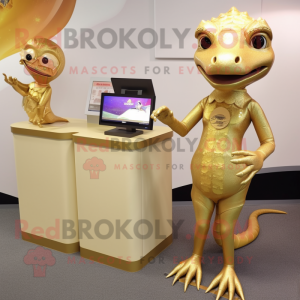 Gold Lizard mascot costume character dressed with a Pencil Skirt and Watches