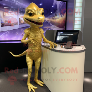 Gold Lizard mascot costume character dressed with a Pencil Skirt and Watches
