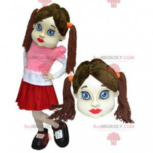 Mascot brunette girl with quilts dressed in a skirt -